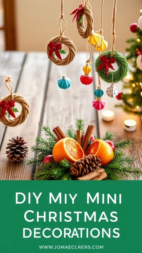 A festive display of DIY mini Christmas decorations including wreaths, ornaments, and a centerpiece on a wooden table.